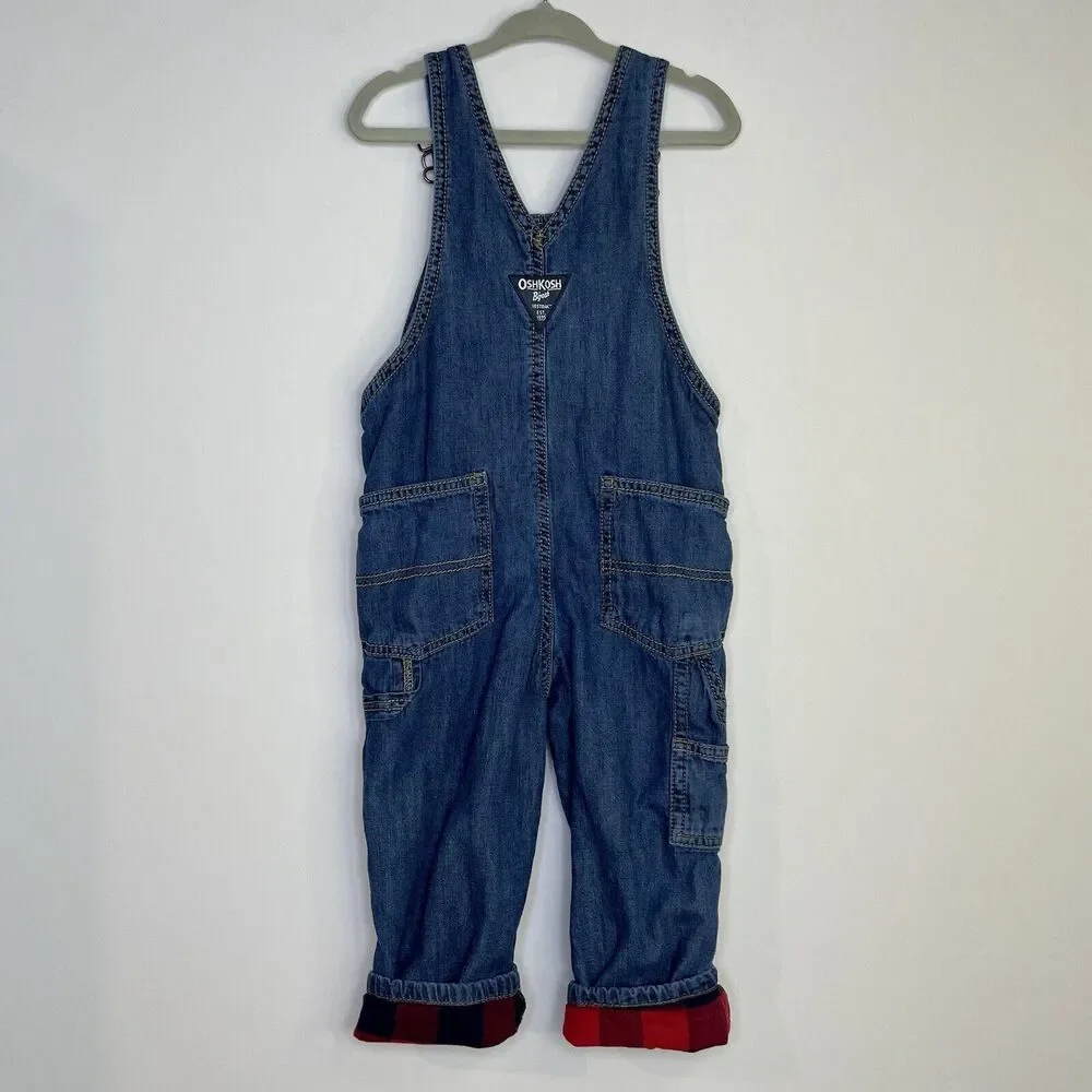 OshKosh B'gosh Plaid Overalls Kids 2T Dark Wash Flannel Lined Toddler Photos